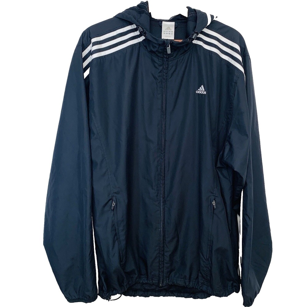 Adidas Windbreaker Track Jacket Men Large Hood Black White Stripes Pockets Zip